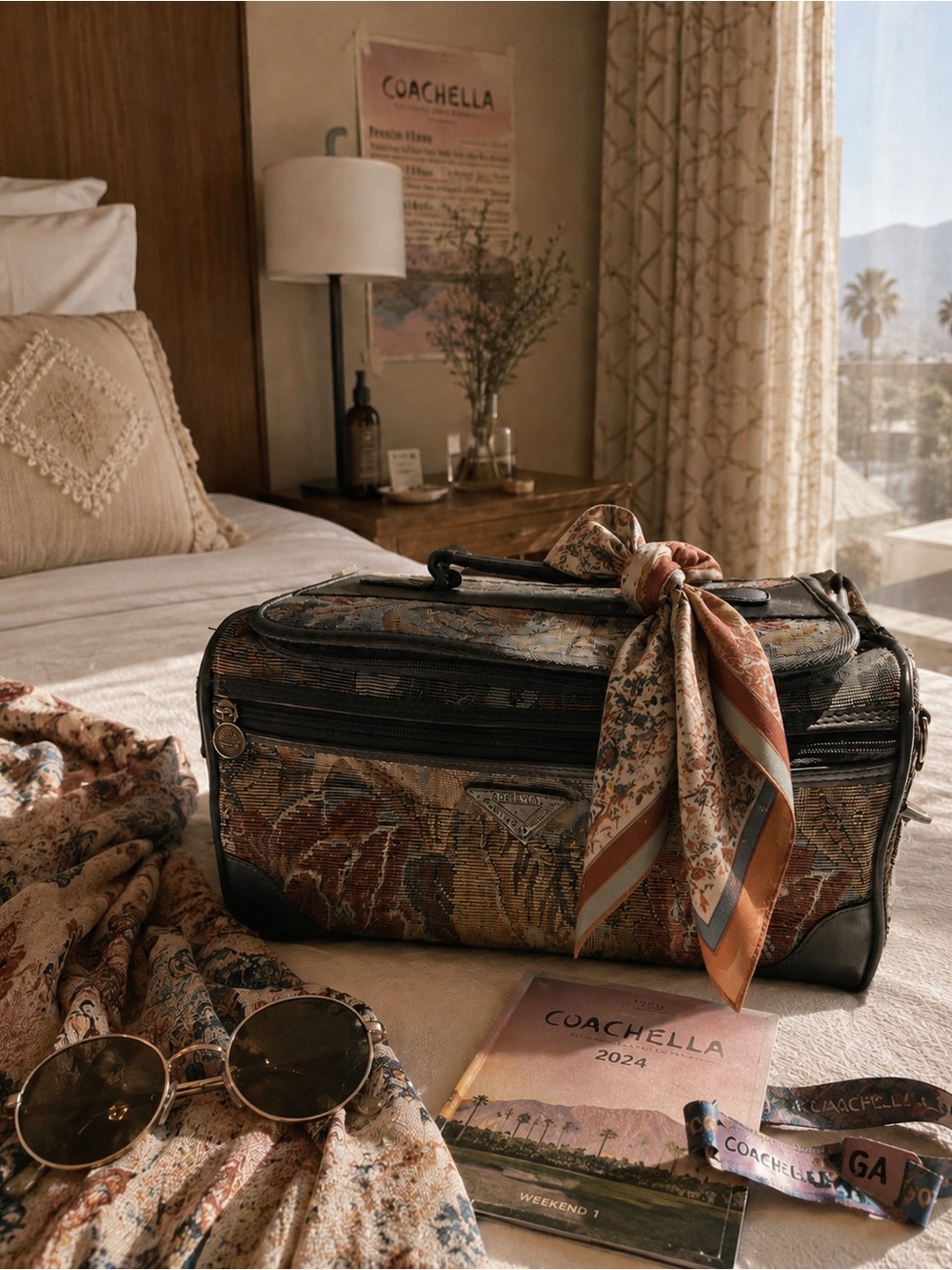 Vintage French West Indies Tapestry Traveln Vanity Case Makeup Toiletry boho